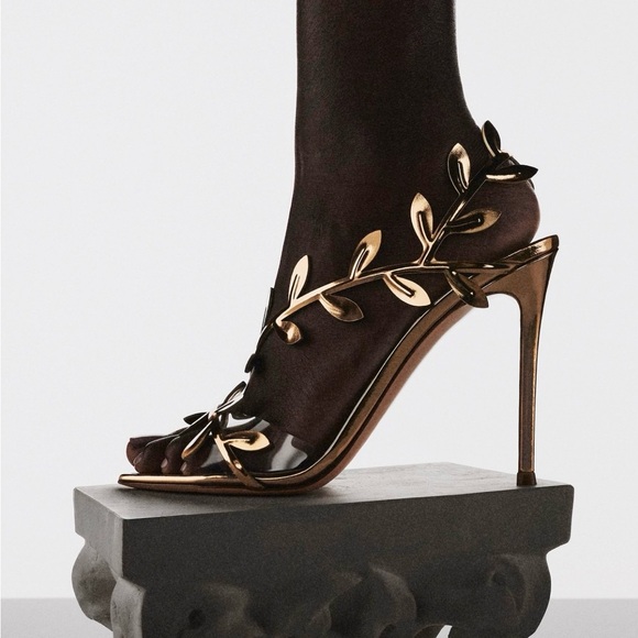 Women’s Leaf Wrap Around Stiletto Heeled Sandals in Mirriored Gold Faux Leather - Picture 4 of 6